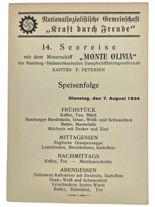 Original WW2 German KDF Postcard - NS Gemeinschaft Kraft durch Freude HSDG, SS Monte Olivia, menu card (1934)