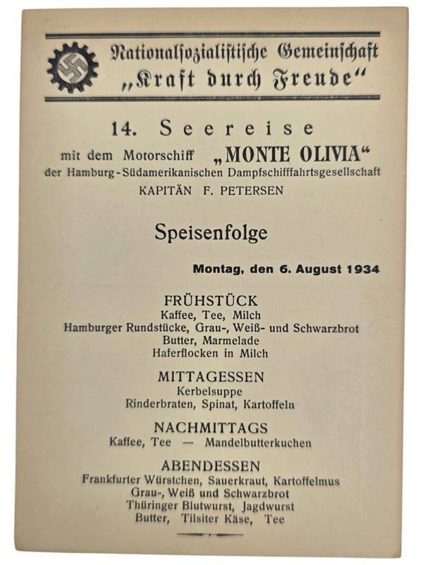 Original WW2 German KDF Postcard - NS Gemeinschaft Kraft durch Freude HSDG, SS Monte Olivia, menu card (1934)