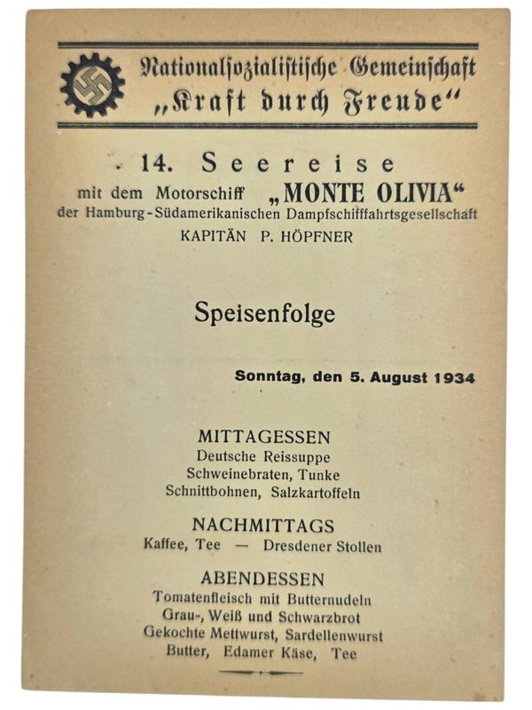 Original WW2 German KDF Postcard - NS Gemeinschaft Kraft durch Freude HSDG, SS Monte Olivia, menu card (1934)