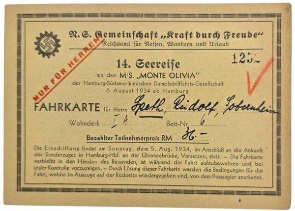 Original WW2 German KDF Document - NS Gemeinschaft Kraft durch Freude HSDG, SS Monte Olivia, Fahrkarte (1934)