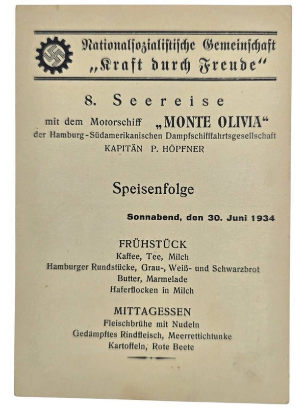 Original WW2 German KDF Postcard - NS Gemeinschaft Kraft durch Freude HSDG, SS Monte Olivia, menu card (1934)