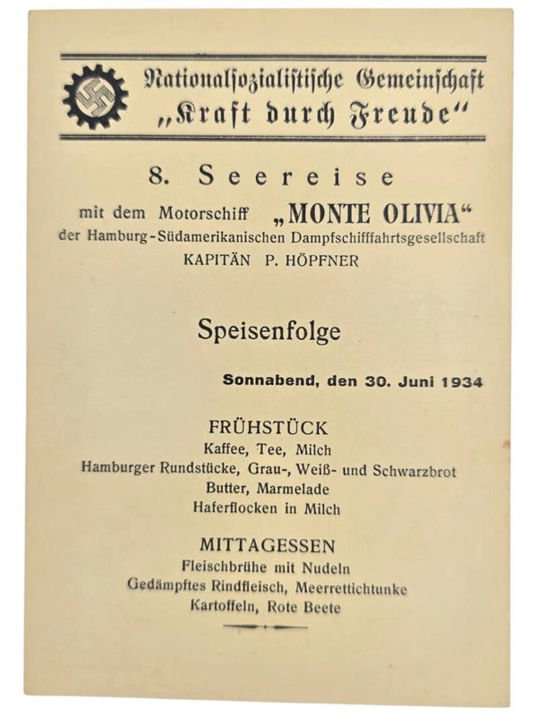 Original WW2 German KDF Postcard - NS Gemeinschaft Kraft durch Freude HSDG, SS Monte Olivia, menu card (1934)