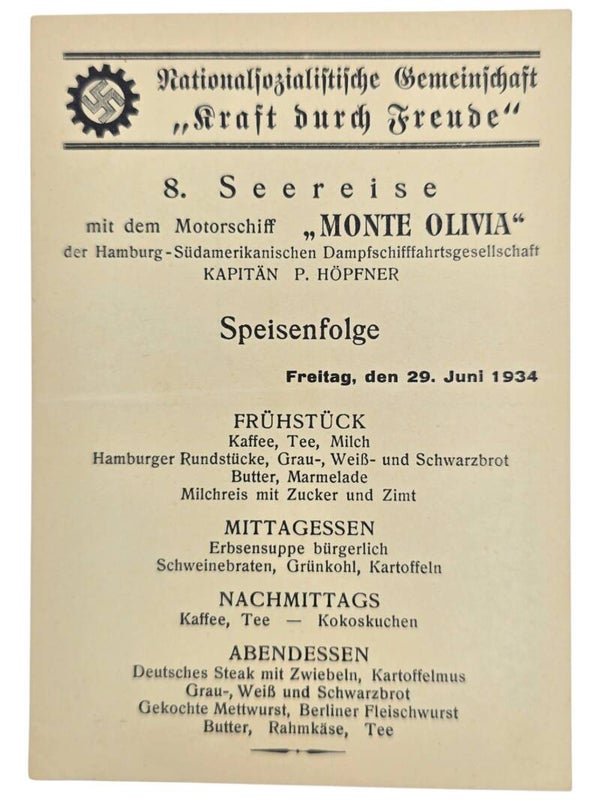 Original WW2 German KDF Postcard - NS Gemeinschaft Kraft durch Freude HSDG, SS Monte Olivia, menu card (1934)