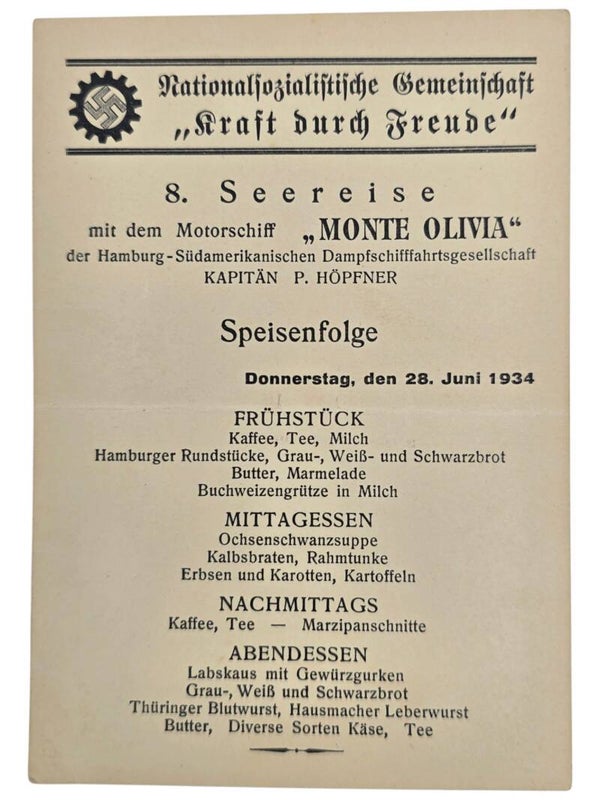 Original WW2 German KDF Postcard - NS Gemeinschaft Kraft durch Freude HSDG, SS Monte Olivia, menu card (1934)