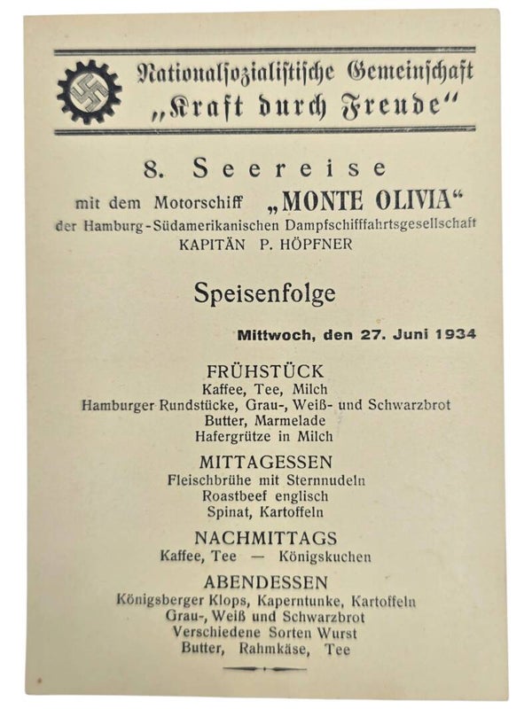 Original WW2 German KDF Postcard - NS Gemeinschaft Kraft durch Freude HSDG, SS Monte Olivia, menu card (1934)