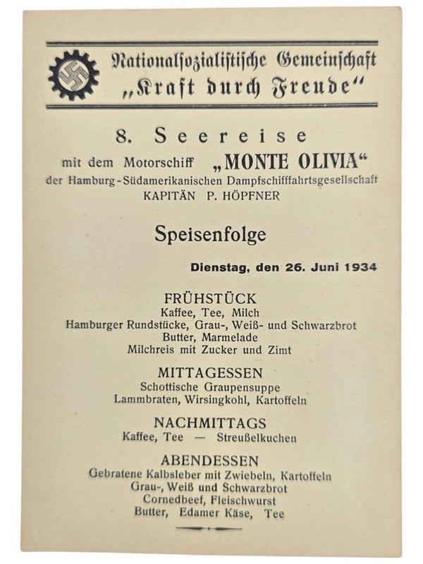 Original WW2 German KDF Postcard - NS Gemeinschaft Kraft durch Freude HSDG, SS Monte Olivia, menu card (1934)