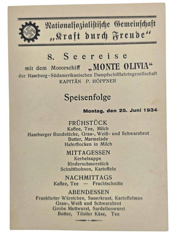Original WW2 German KDF Postcard - NS Gemeinschaft Kraft durch Freude HSDG, SS Monte Olivia, menu card (1934)