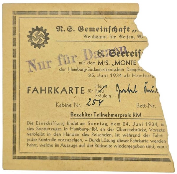 Original WW2 German KDF Document - NS Gemeinschaft Kraft durch Freude HSDG, SS Monte Olivia, Fahrkarte (1934)