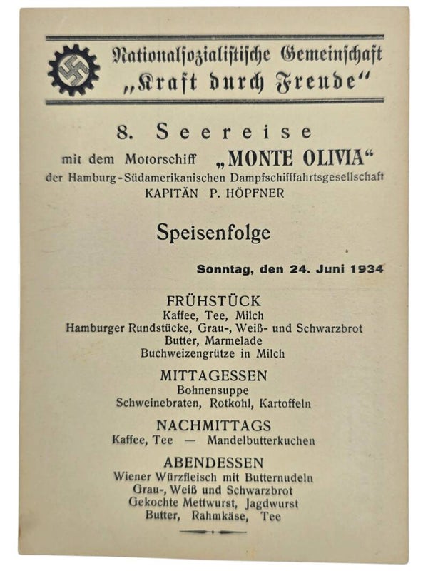 Original WW2 German KDF Postcard - NS Gemeinschaft Kraft durch Freude HSDG, SS Monte Olivia, menu card (1934)