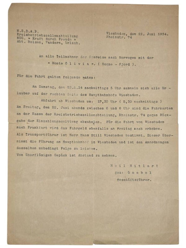 Original WW2 German KDF Document - NS Gemeinschaft Kraft durch Freude HSDG, SS Monte Olivia, leave information (1934)