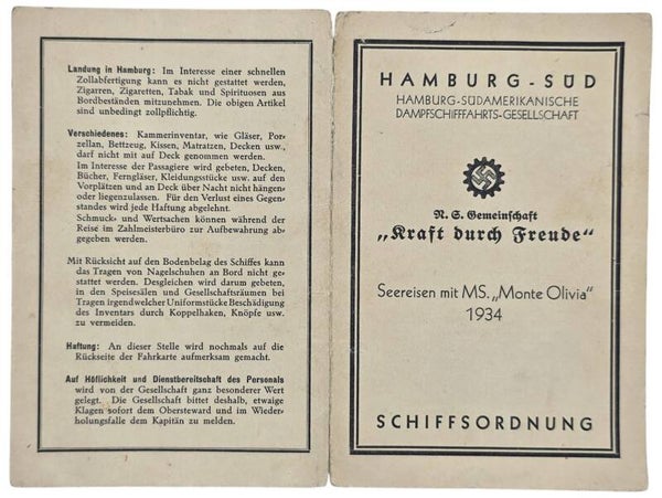 Original WW2 German KDF Document - NS Gemeinschaft Kraft durch Freude HSDG, SS Monte Olivia, Schiffsordnung  (1934)