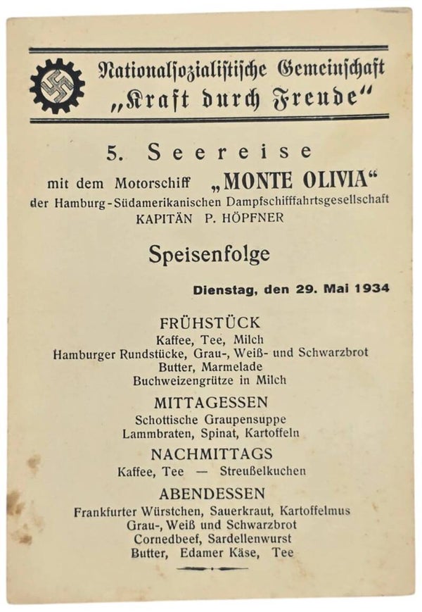 Original WW2 German KDF Postcard - NS Gemeinschaft Kraft durch Freude HSDG, SS Monte Olivia, menu card (1934)