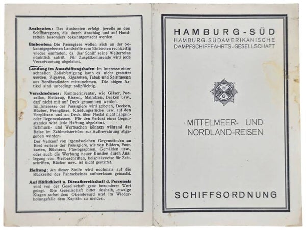 Original WW2 German KDF Document - NS Gemeinschaft Kraft durch Freude HSDG, SS Monte Olivia, Mittelmeer- und Nordlandreisen Schiffsordnung (1934)