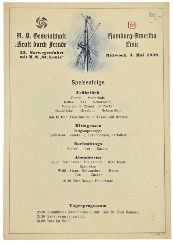 Original WW2 German KDF Document - NS Gemeinschaft Kraft Durch Freude, HAPAG, MS St. Louis, menu card (1938)