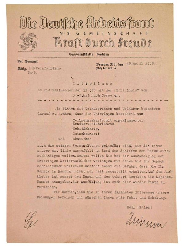 Original WW2 German KDF Document - NS Gemeinschaft Kraft Durch Freude, HAPAG, MS St. Louis, information, Dresden (1938)