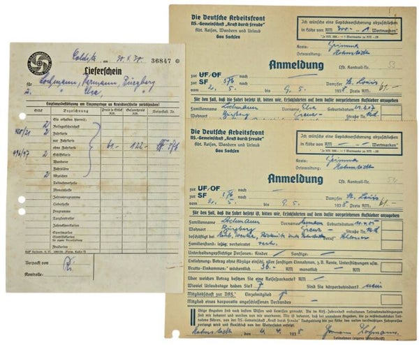 Original WW2 German KDF Document - NS Gemeinschaft Kraft Durch Freude, HAPAG, MS St. Louis, receipt, Colditz (1938)