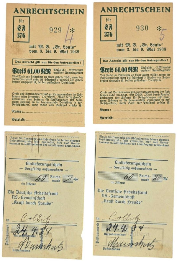 Original WW2 German KDF Document - NS Gemeinschaft Kraft Durch Freude, HAPAG, MS St. Louis, receipts (1938)