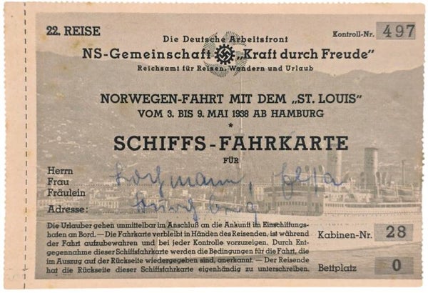 Original WW2 German KDF Document - NS Gemeinschaft Kraft Durch Freude, HAPAG, MS St. Louis, Schiffs Fahrkarte, Norwegen (1938)