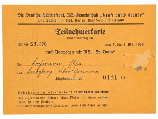 Original WW2 German KDF Document - NS Gemeinschaft Kraft Durch Freude, HAPAG, MS St. Louis, Teilnehmerkarte, Norwegen (1938)