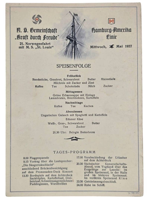 Original WW2 German KDF Document - NS Gemeinschaft Kraft Durch Freude, HAPAG, MS St. Louis, menu card (1937)