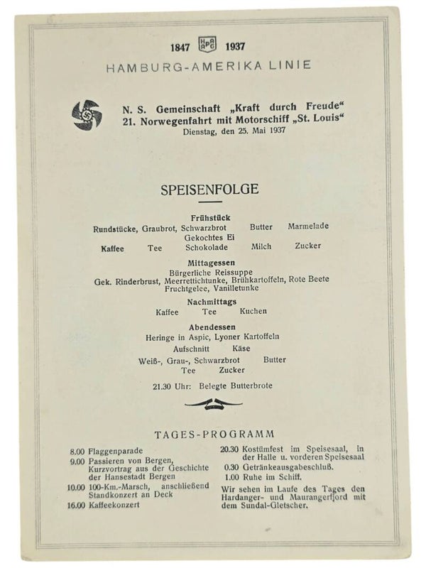 Original WW2 German KDF Document - NS Gemeinschaft Kraft Durch Freude, HAPAG, MS St. Louis, menu card (1937)