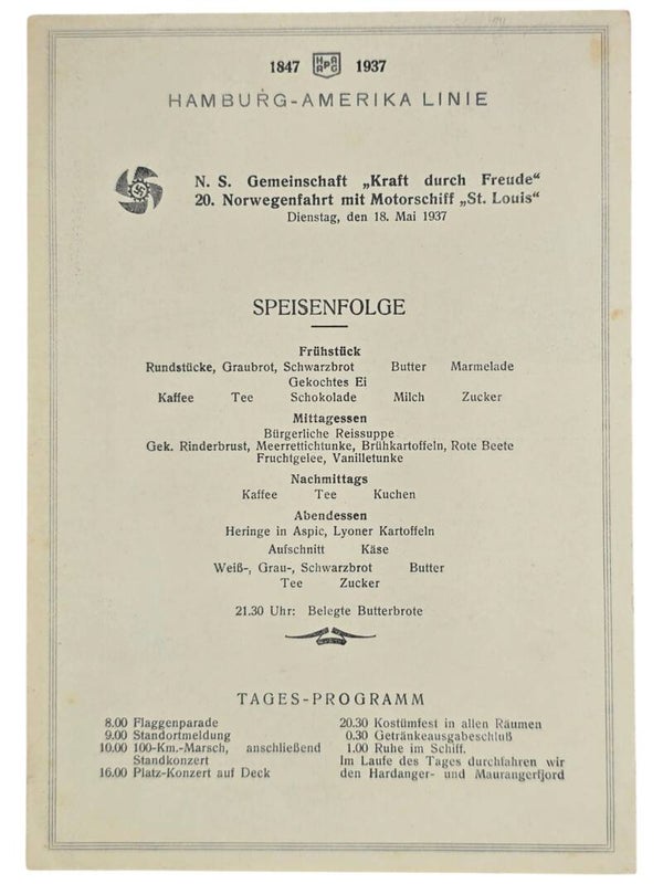 Original WW2 German KDF Document - NS Gemeinschaft Kraft Durch Freude, HAPAG, MS St. Louis, menu card (1937)