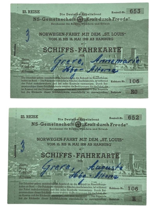 Original WW2 German KDF Document - NS Gemeinschaft Kraft Durch Freude, HAPAG, MS St. Louis, Schiffsfahrkarte, Norwegen (1938)