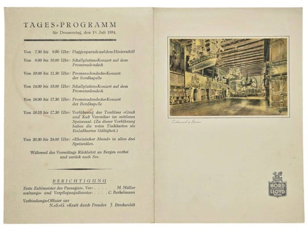 Original WW2 German KDF Document - NS Gemeinschaft Kraft durch Freude, Norddeutscher Lloyd Bremen, SS Stuttgart, menu card (1934)