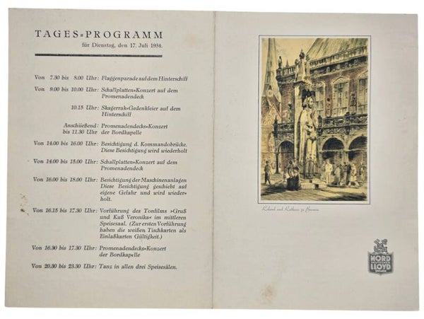 Original WW2 German KDF Document - NS Gemeinschaft Kraft durch Freude, Norddeutscher Lloyd Bremen, SS Stuttgart, menu card (1934)