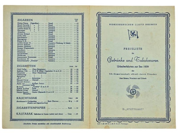 Original WW2 German KDF Document - NS Gemeinschaft Kraft durch Freude, Norddeutscher Lloyd Bremen, SS Stuttgart, Drinks price list (1939)