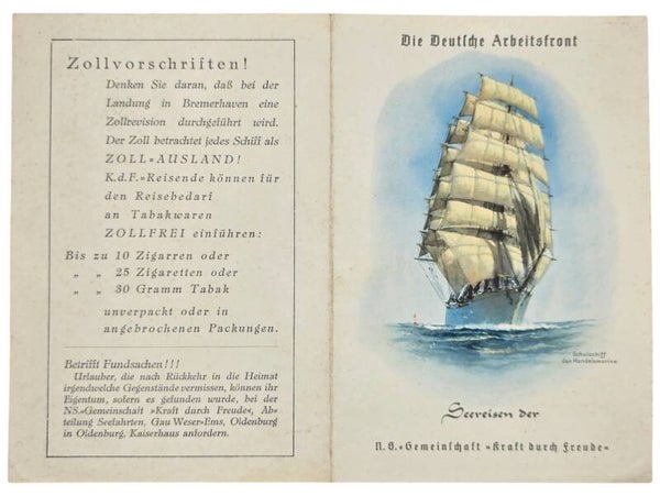 Original WW2 German KDF Document - NS Gemeinschaft Kraft durch Freude, Norddeutscher Lloyd Bremen, SS Stuttgart, menu card (1939)