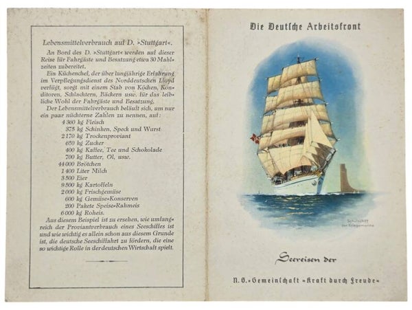 Original WW2 German KDF Document - NS Gemeinschaft Kraft durch Freude, Norddeutscher Lloyd Bremen, SS Stuttgart, menu card, Marine-Ehrenmal Laboe (1939)