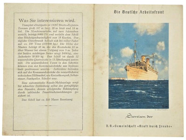 Original WW2 German KDF Document - NS Gemeinschaft Kraft durch Freude, Norddeutscher Lloyd Bremen, SS Stuttgart, menu card (1939)