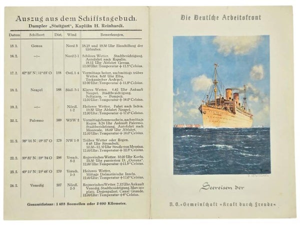 Original WW2 German KDF Document - NS Gemeinschaft Kraft durch Freude, Norddeutscher Lloyd Bremen, SS Stuttgart, menu card (1939)