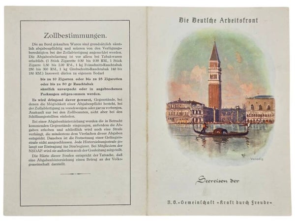 Original WW2 German KDF Document - NS Gemeinschaft Kraft durch Freude, Norddeutscher Lloyd Bremen, SS Stuttgart, menu card, Venice (1939)