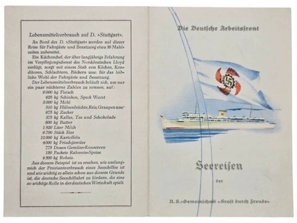 Original WW2 German KDF Document - NS Gemeinschaft Kraft durch Freude, Norddeutscher Lloyd Bremen, SS Stuttgart, menu card (1939)