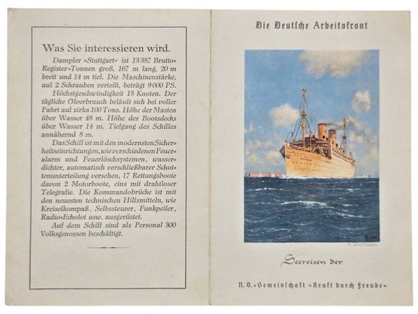 Original WW2 German KDF Document - NS Gemeinschaft Kraft durch Freude, Norddeutscher Lloyd Bremen, SS Stuttgart, menu card (1939)