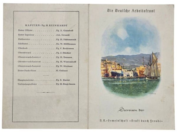 Original WW2 German KDF Document - NS Gemeinschaft Kraft durch Freude, Norddeutscher Lloyd Bremen, SS Stuttgart, menu card, Genua (1939)