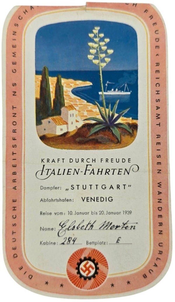 Original WW2 German KDF Document - NS Gemeinschaft Kraft durch Freude, Norddeutscher Lloyd Bremen, SS Stuttgart, suitcase label Venice (1939)