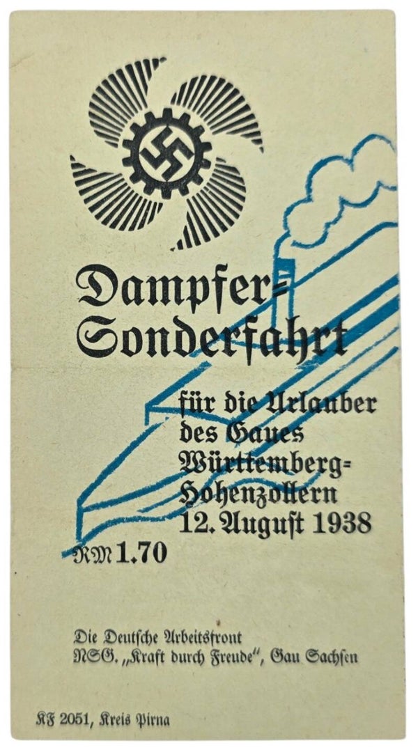 Original WW2 German KDF Document - NS Gemeinschaft Kraft durch Freude, Norddeutscher Lloyd Bremen, SS Stuttgart, Sonderfahrt, Württemberg Hohenzollern (1938)