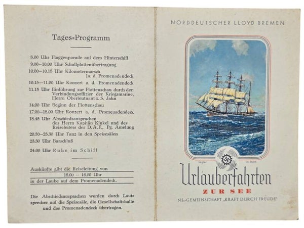Original WW2 German KDF Document - NS Gemeinschaft Kraft durch Freude, Norddeutscher Lloyd Bremen, SS Stuttgart, menu card (1939)