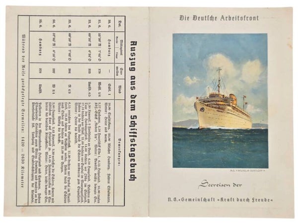 Original WW2 German KDF Document - NS Gemeinschaft Kraft durch Freude, HSDG, MS Wilhelm Gustloff, menu card (1939)