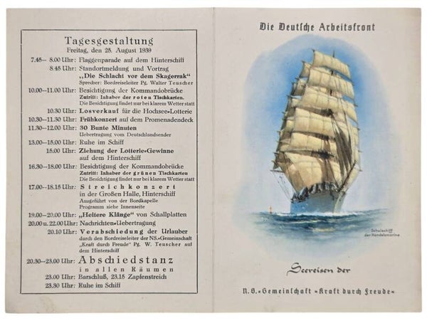 Original WW2 German KDF Document - NS Gemeinschaft Kraft durch Freude, Norddeutscher Lloyd Bremen, SS Sierra Cordoba, menu card (1939)
