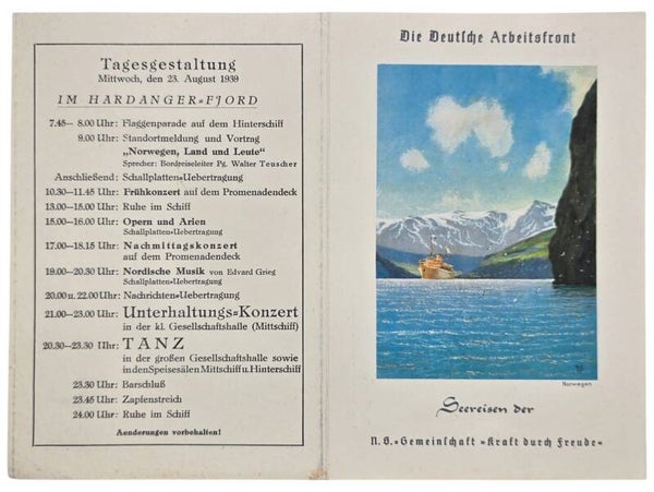 Original WW2 German KDF Document - NS Gemeinschaft Kraft durch Freude, Norddeutscher Lloyd Bremen, SS Sierra Cordoba, menu card, Norway (1939)
