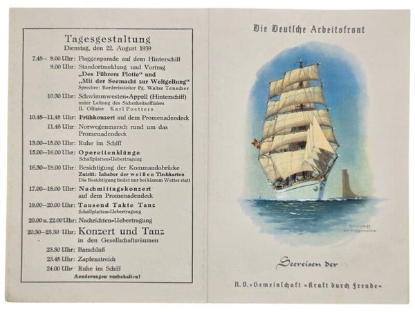 Original WW2 German KDF Document - NS Gemeinschaft Kraft durch Freude, Norddeutscher Lloyd Bremen, SS Sierra Cordoba, menu card, Marine-Ehrenmal Laboe (1939)