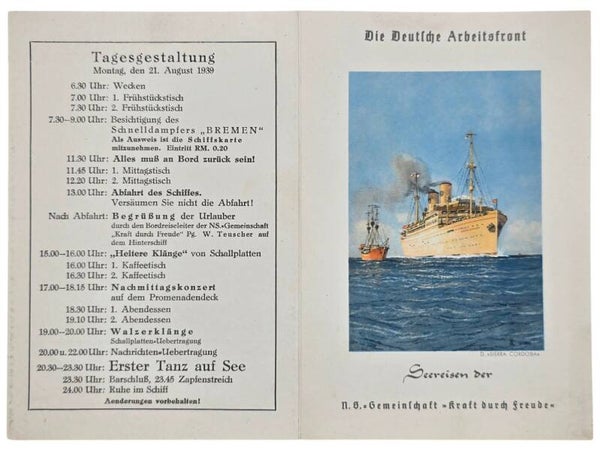 Original WW2 German KDF Document - NS Gemeinschaft Kraft durch Freude, Norddeutscher Lloyd Bremen, SS Sierra Cordoba, menu card (1939)
