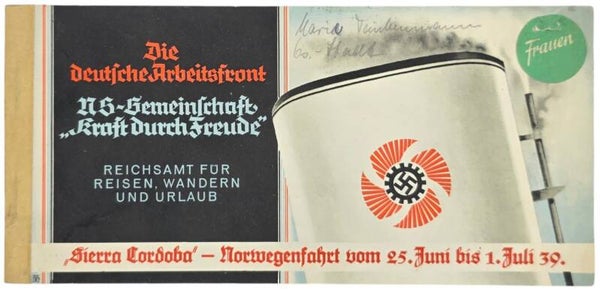 Original WW2 German KDF Document - NS Gemeinschaft Kraft durch Freude, Norddeutscher Lloyd Bremen, SS Sierra Cordoba, Schiffsfahrkarte Norway (1939)