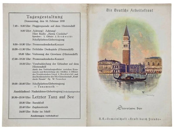 Original WW2 German KDF Document - NS Gemeinschaft Kraft durch Freude, Norddeutscher Lloyd Bremen, SS Sierra Cordoba, menu card, Venice (1939)