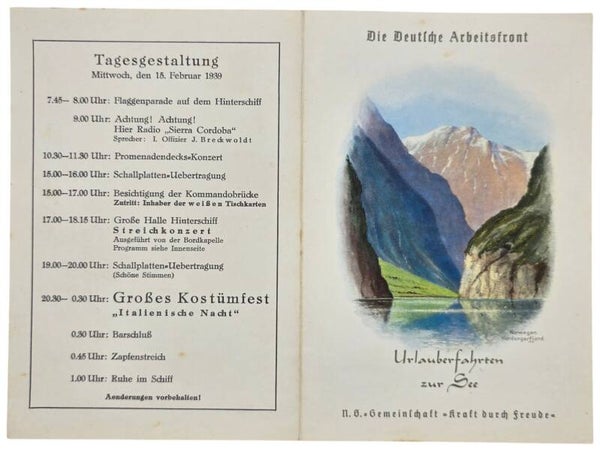 Original WW2 German KDF Document - NS Gemeinschaft Kraft durch Freude, Norddeutscher Lloyd Bremen, SS Sierra Cordoba, menu card, Norway (1939)