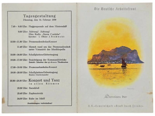 Original WW2 German KDF Document - NS Gemeinschaft Kraft durch Freude, Norddeutscher Lloyd Bremen, SS Sierra Cordoba, menu card, Palermo (1939)